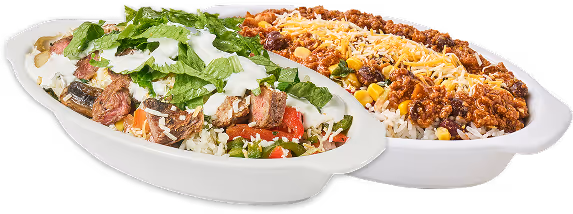 two bowls. the first bowl shows a salad. the second bowl shows beef chili topped with cheese. 