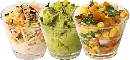 three cups showing N'Subs' sides. the first cup is coleslaw. the second cup is guac. the third cup is corn salsa.