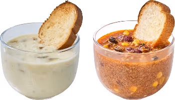 two cups of soup. the first cup is mushroom soup. the second cup is beef chili stew. both cups have a toasted piece of bread. 